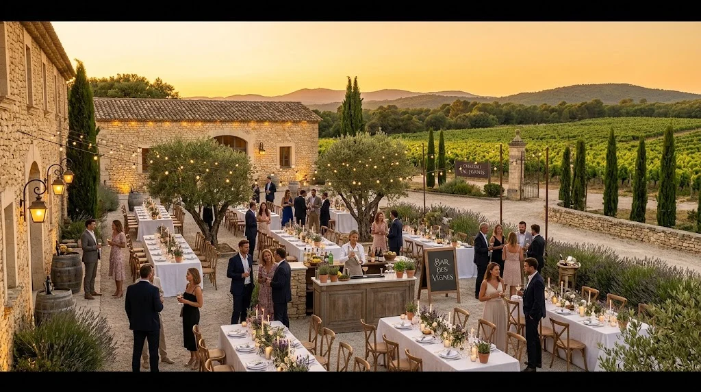 Réception événementielle au coucher du soleil dans un mas provençal, tables dressées, bar à vin et invités entre vignes et cyprès
