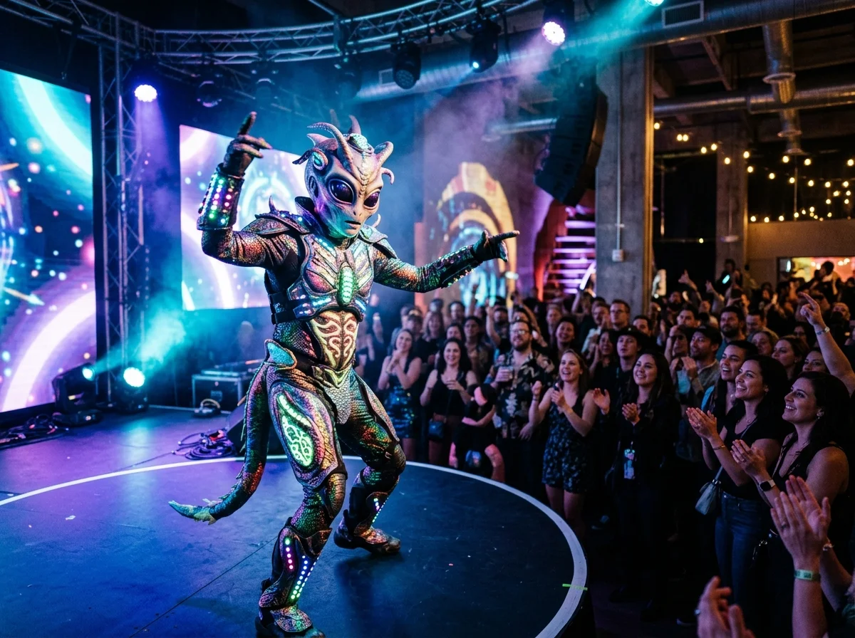Personnage extraterrestre costumé pour animation évènementielle à thème alien