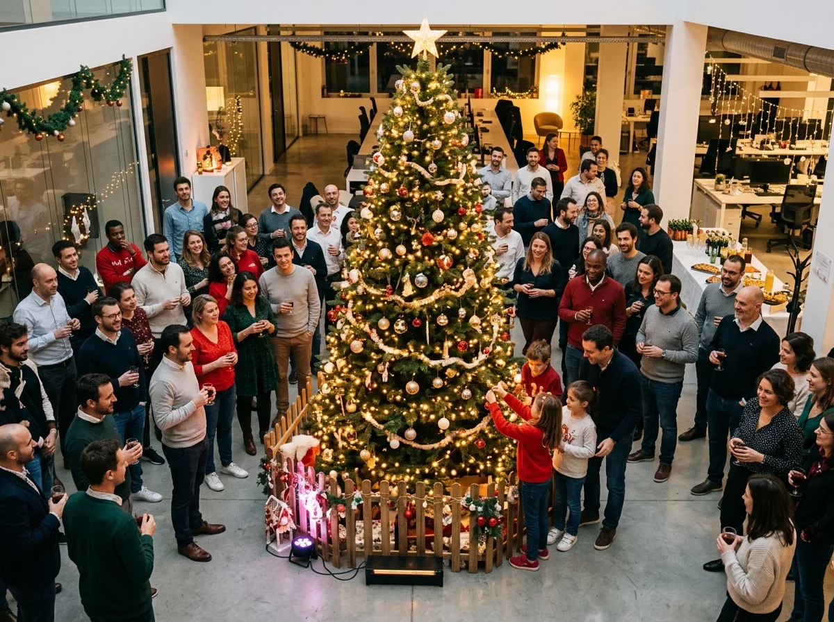 Sapin de Noël décoré installé dans un bureau d'entreprise