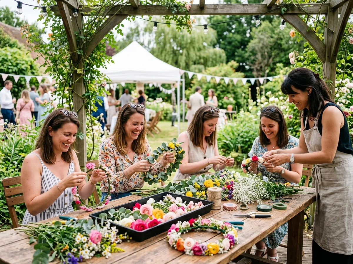Jeune femme portant une couronne de fleurs fraiches confectionnee en atelier