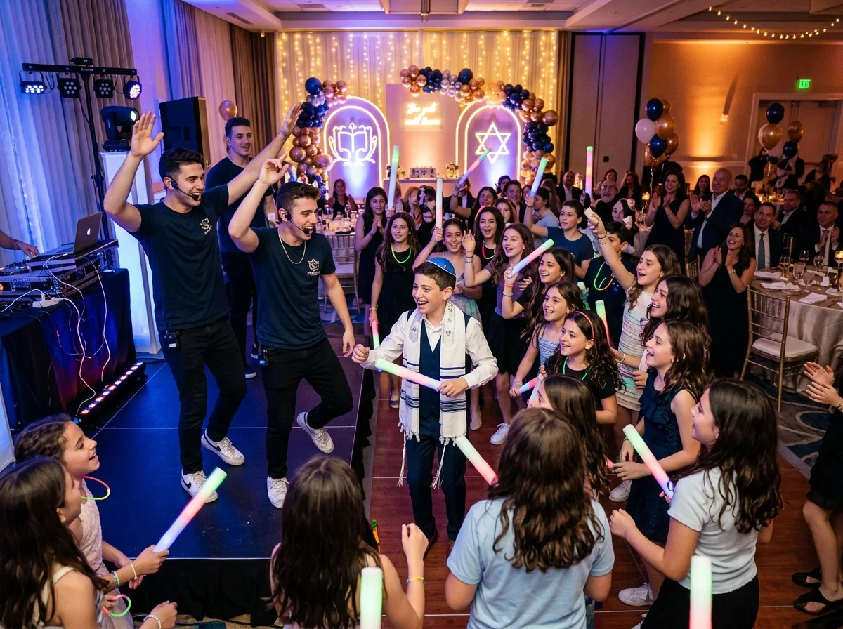 Célébration de bar mitzvah animée, ambiance festive pour événement privé
