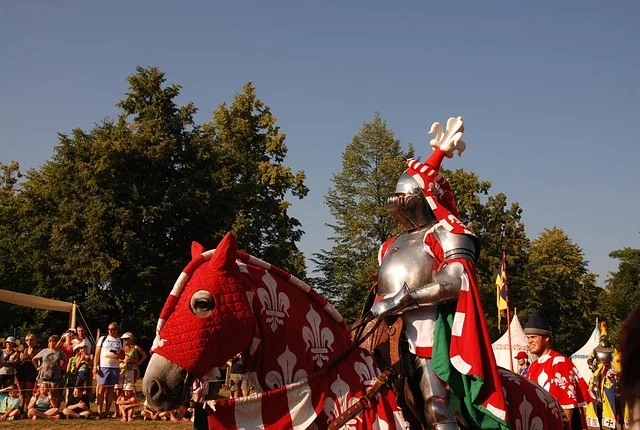 Chevaliers en armure lors d'un combat médiéval reconstitué
