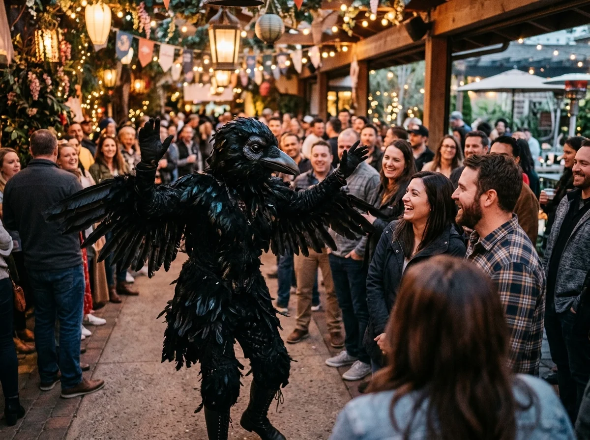 Corbeau noir en gros plan, illustrant une animation costumée à thème
