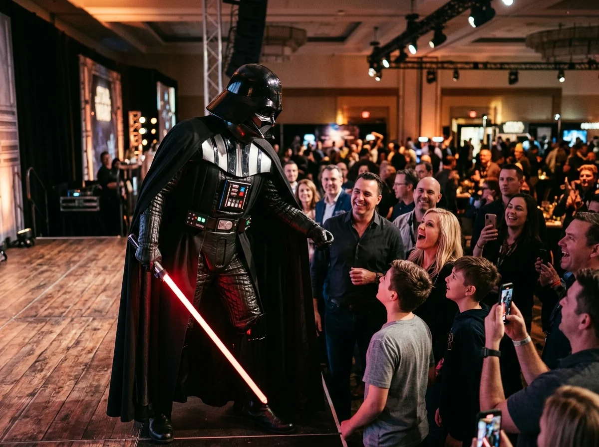 Personnage costumé façon Dark Vador pour animation évènementielle à thème Star Wars