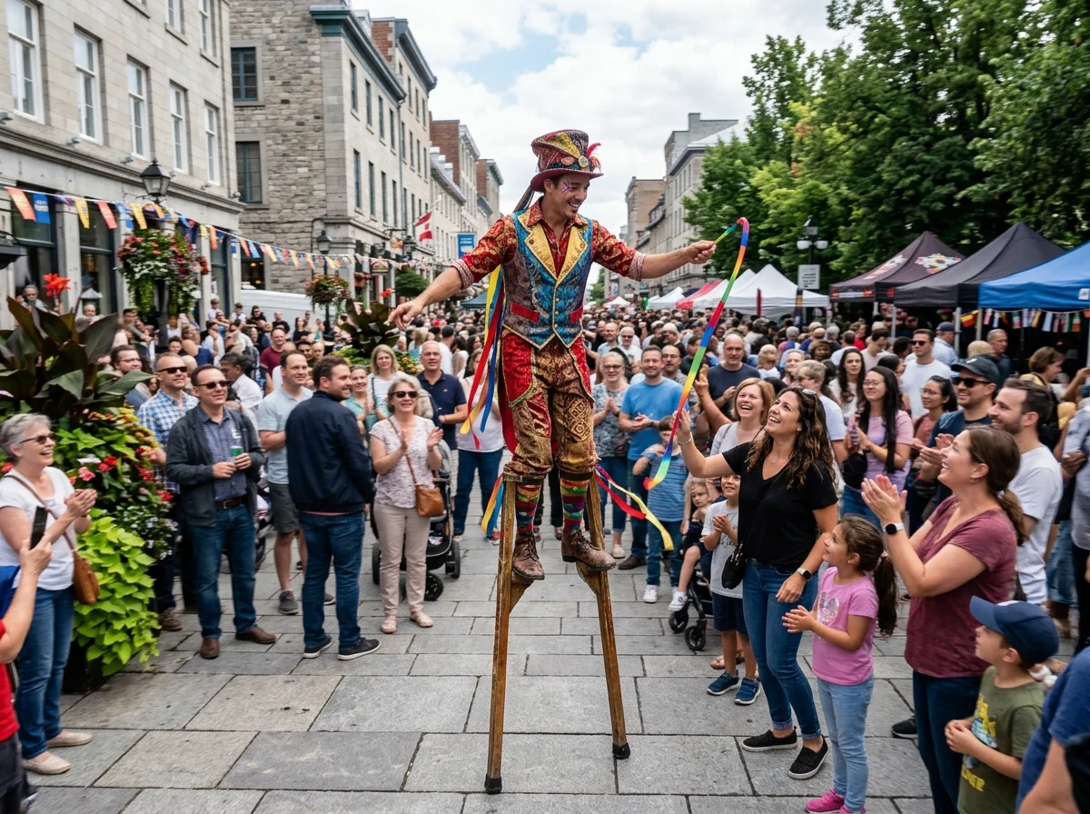 Échassier costumé évoluant au-dessus de la foule lors d'un évènement