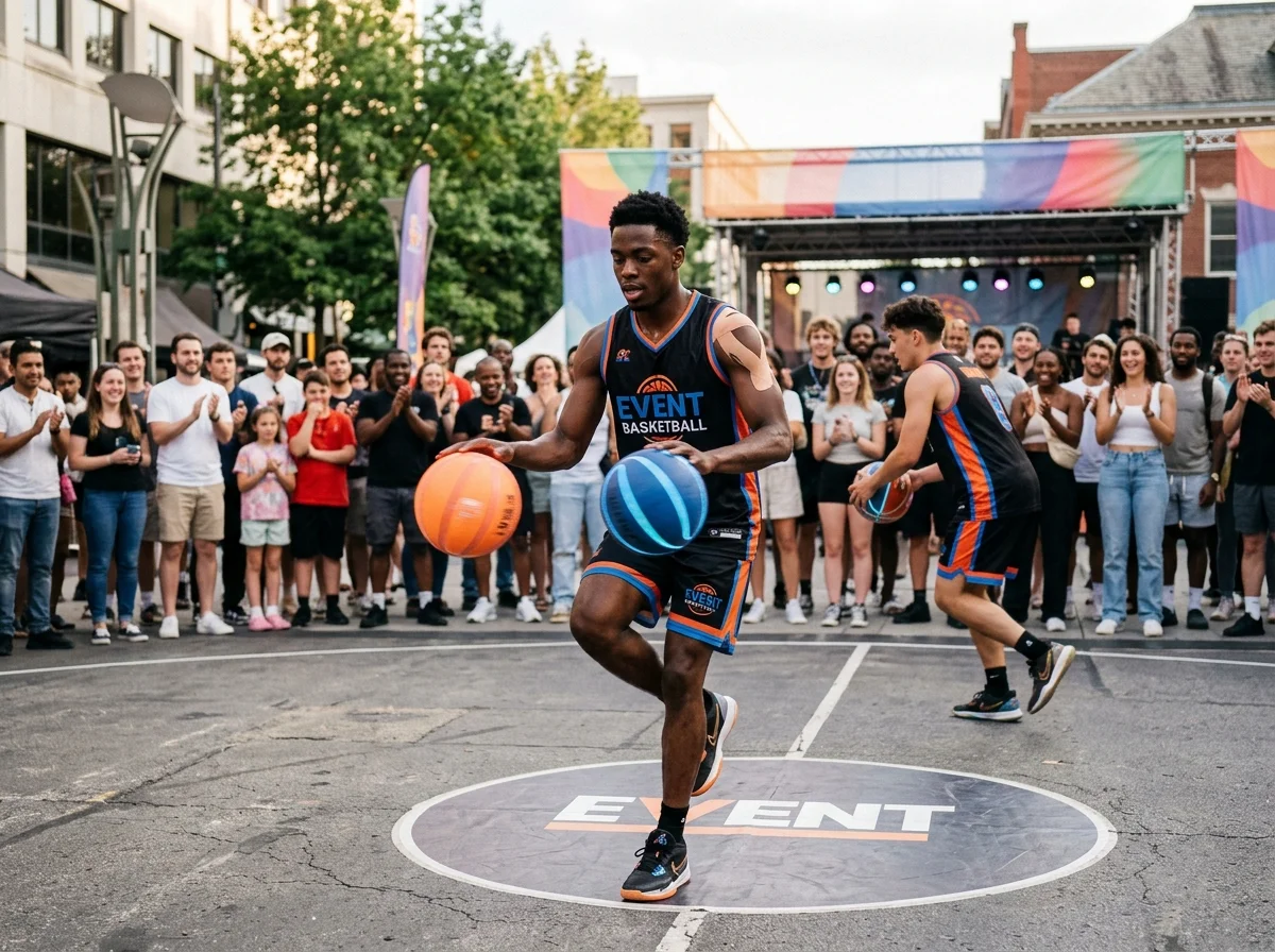 Joueur de basketball freestyle réalisant un dribble spectaculaire lors d'une animation événementielle