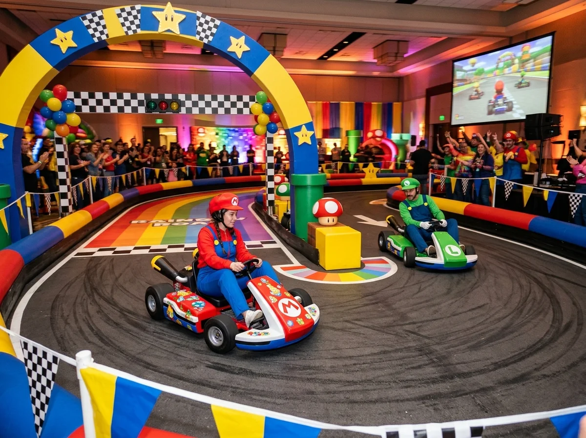 Piste de karting couverte utilisée pour une animation événementielle type Mario Kart