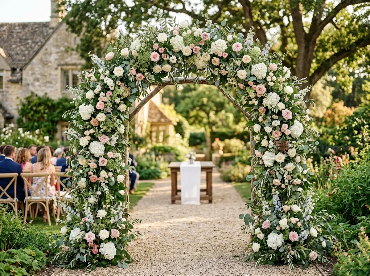 Arche décorée de fleurs blanches pour une cérémonie évènementielle