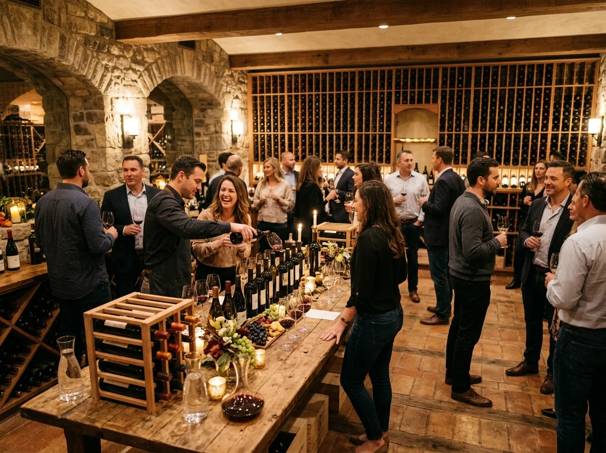 Cave à vin voûtée avec barriques en bois, lieu de réception œnologique