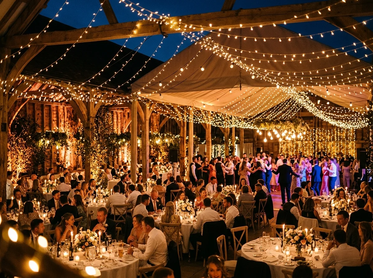 Guirlandes lumineuses scintillantes illuminant un jardin en soirée, éclairage de mariage