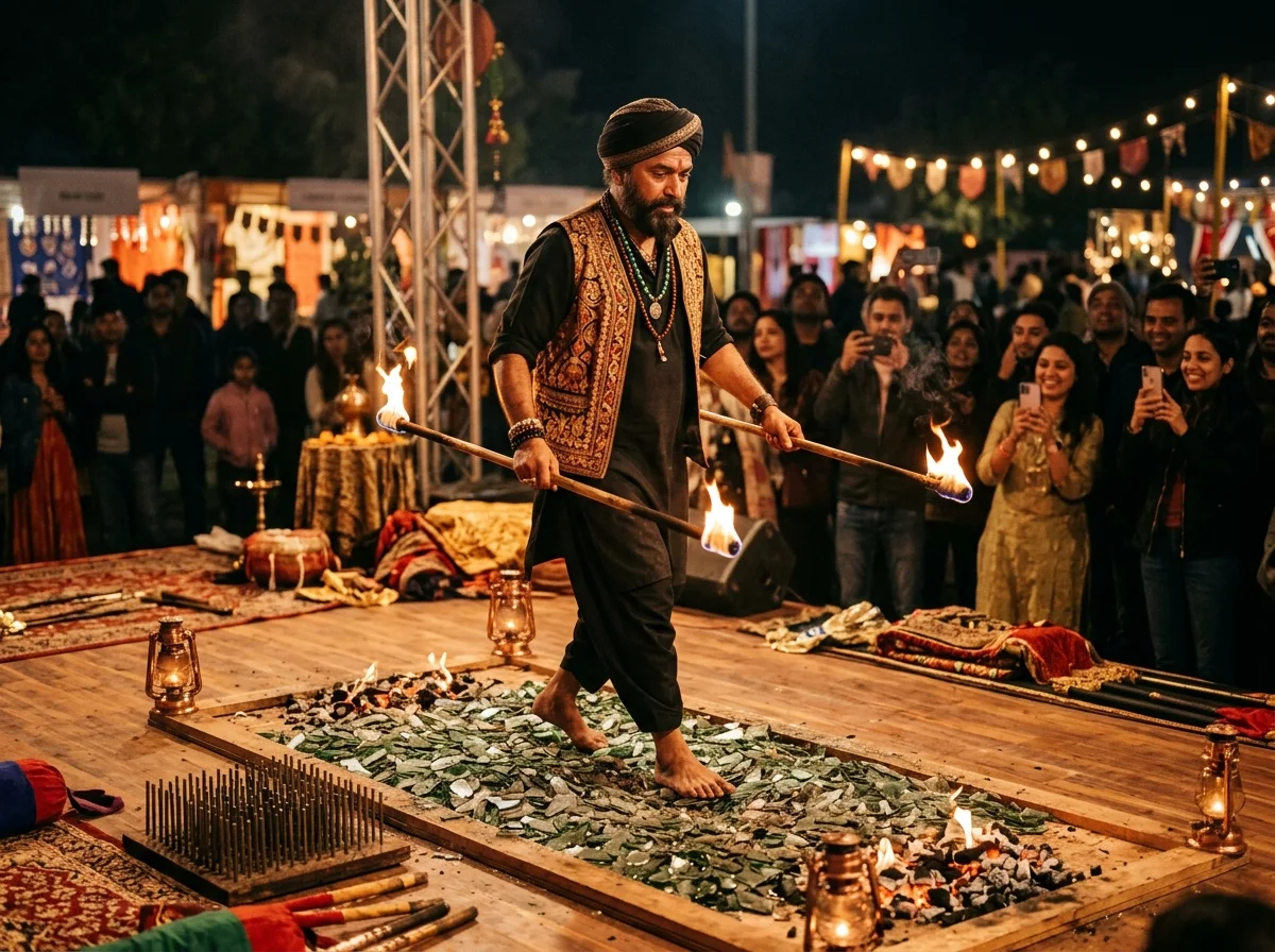 Fakir allongé sur un lit de clous pour une performance évènementielle