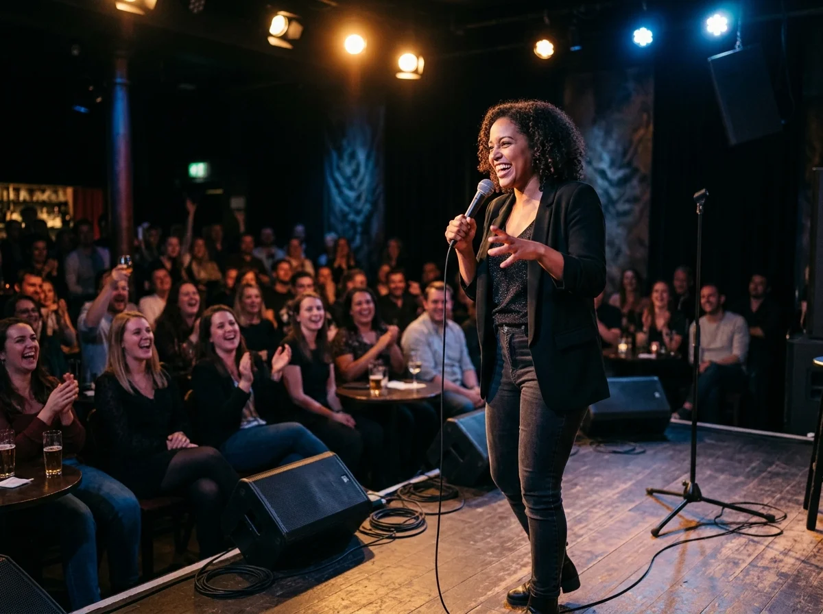 Humoriste sur scène avec micro pour un spectacle de stand-up évènementiel