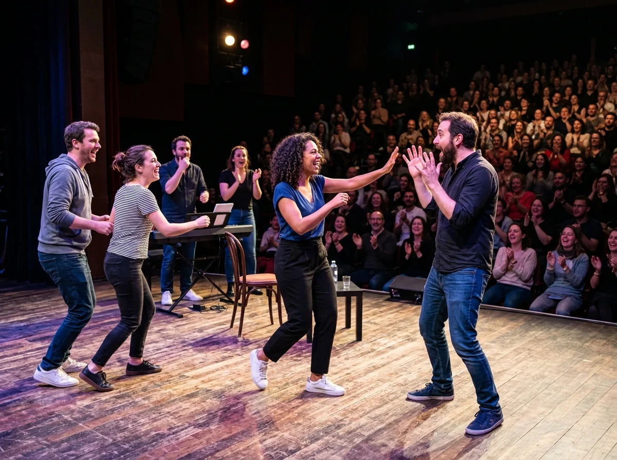 Acteur sur scène pour un spectacle d'improvisation théâtrale évènementielle