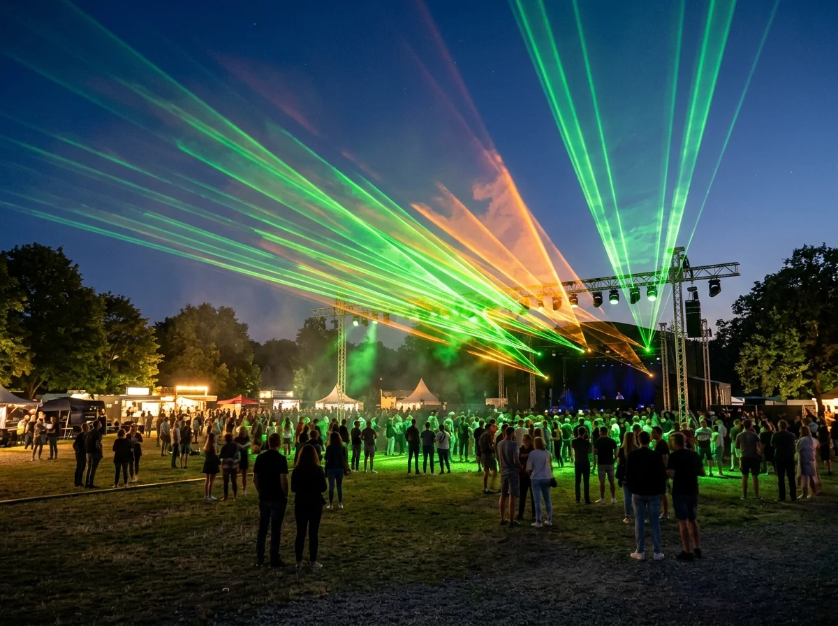Faisceaux laser colorés projetés dans le ciel nocturne, animation laser événementielle