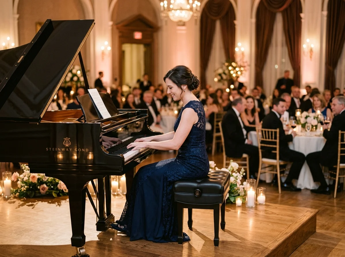 Pianiste jouant du piano à queue, animation musicale live