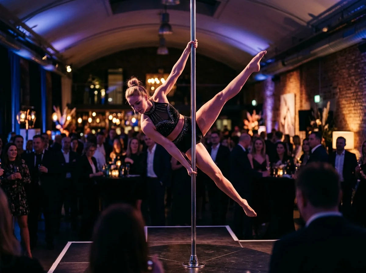 Danseuse réalisant une figure de pole dance lors d'une animation évènementielle