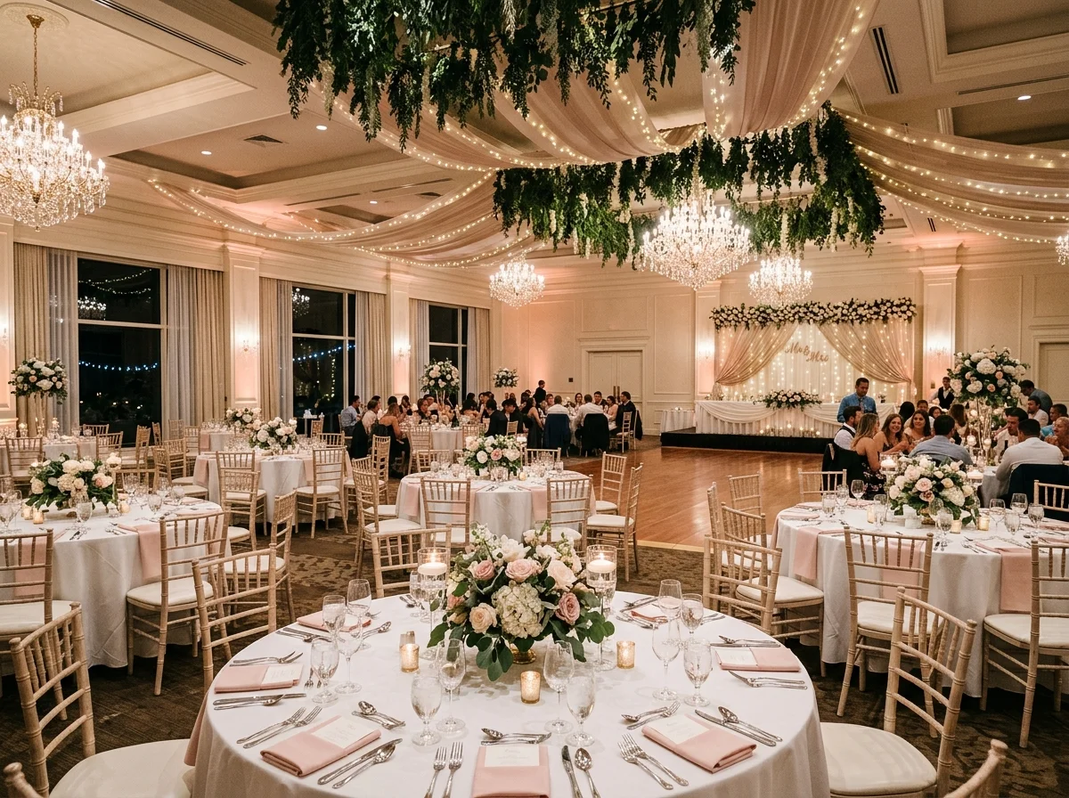 Salle aménagée pour accueillir une réception de mariage