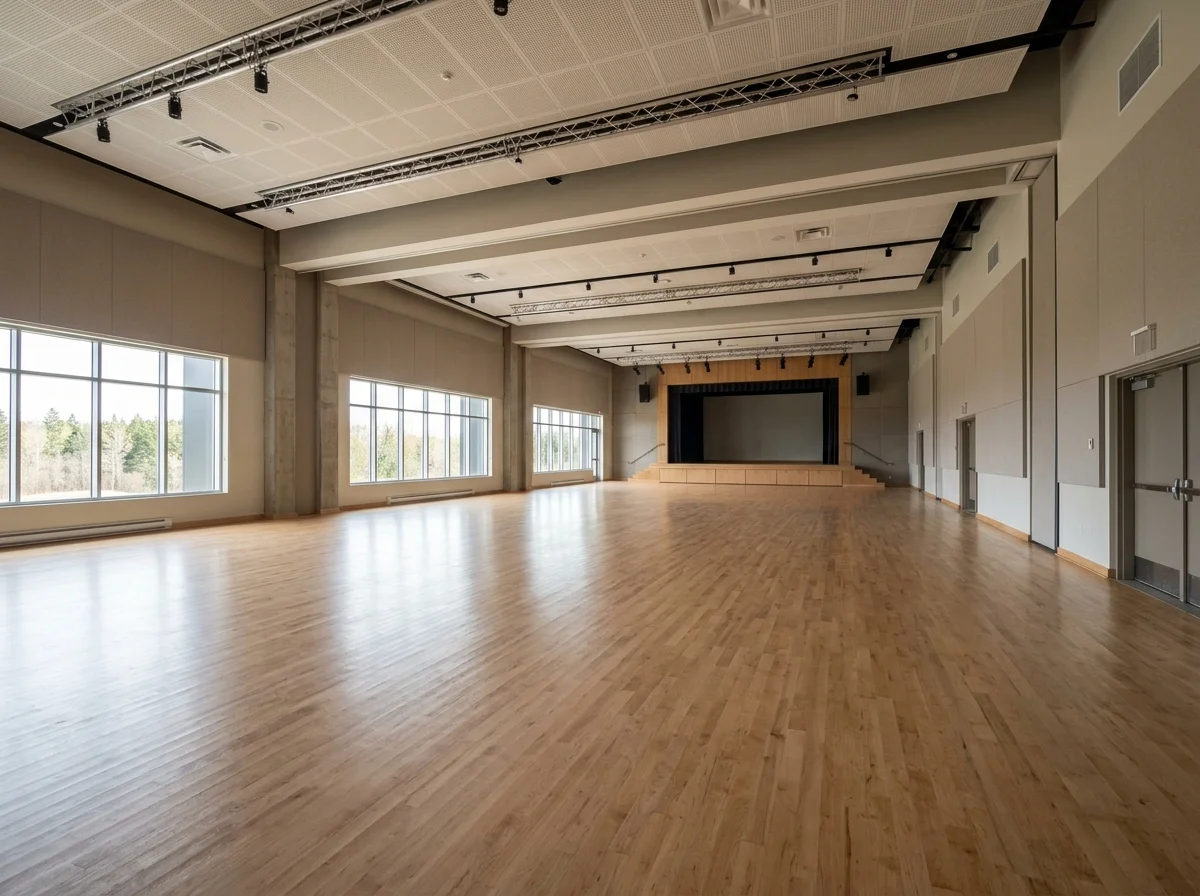 Salle polyvalente aménagée pour accueillir un événement