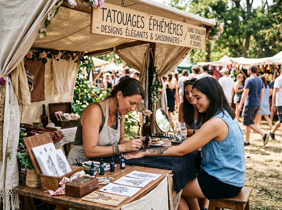 Application d'un tatouage éphémère sur le bras lors d'un stand évènementiel