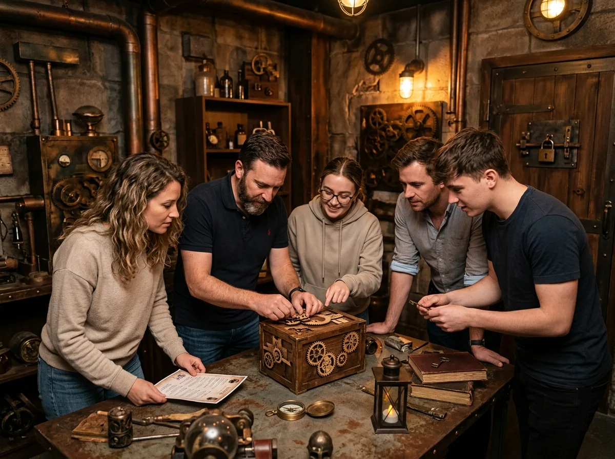 Équipe résolvant des énigmes lors d'un escape game de team building