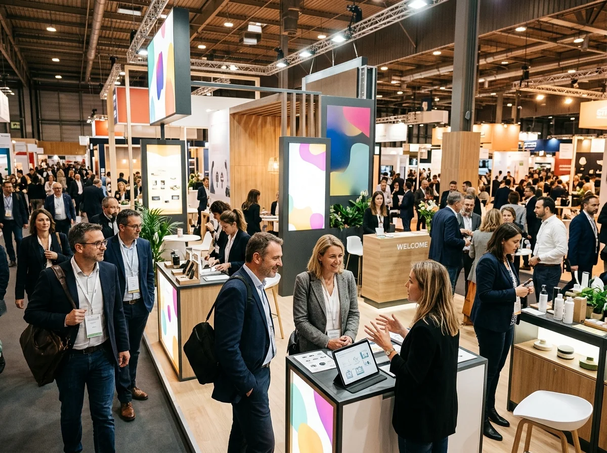 Stand de salon professionnel anime avec visiteurs